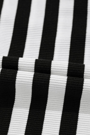 Black and white striped ribbed blouse with lace detail on back