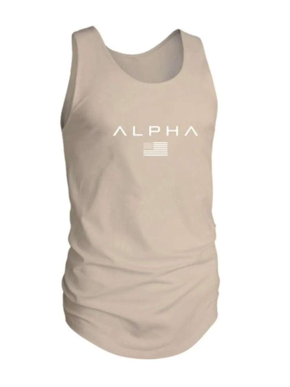 Khaki Alpha graphic muscle tank top with American flag detail.