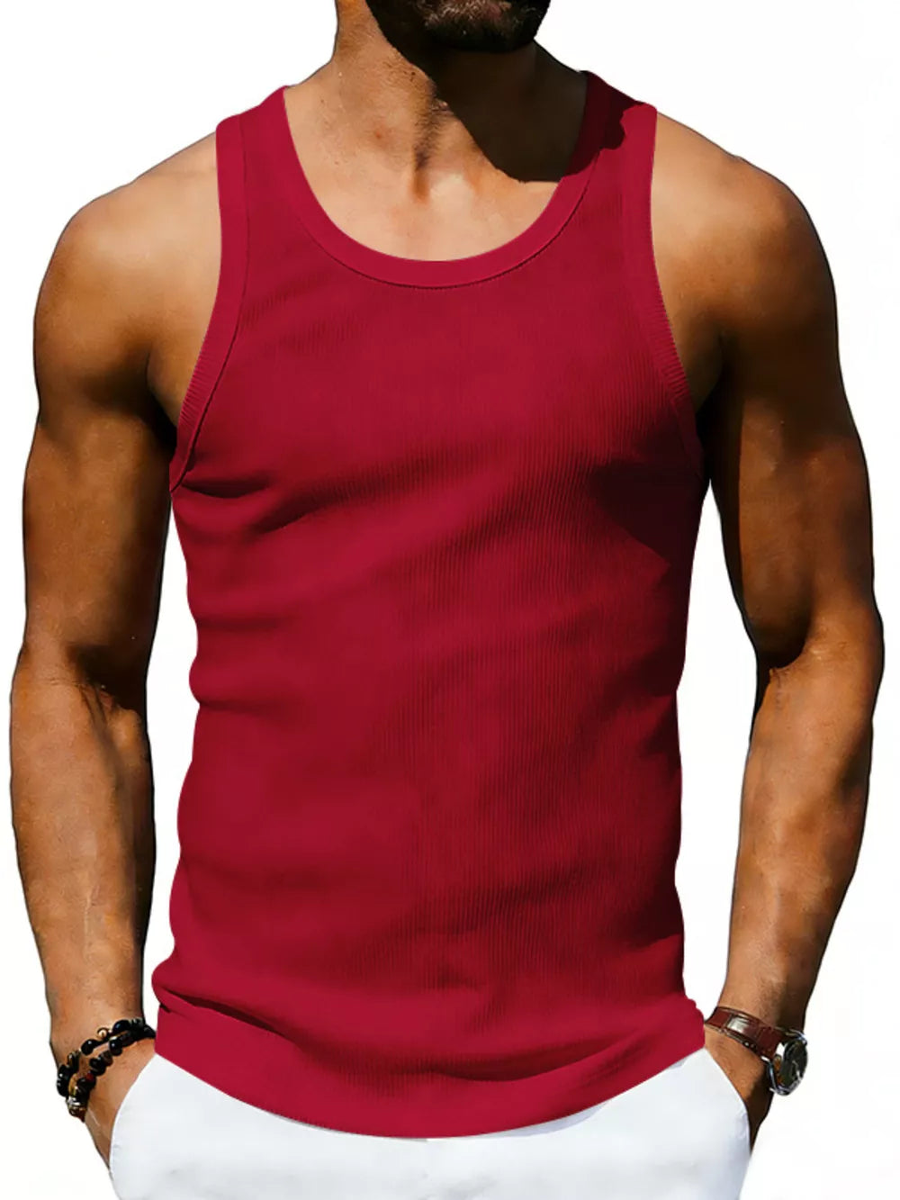 Men's Full Size Round Neck Tank in White, editorial view