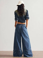 Distressed Floral Appliqué Wide-leg Jeans