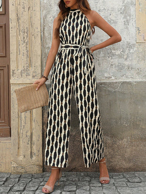 Geometric halter neck jumpsuit with tie waist in cream and black pattern