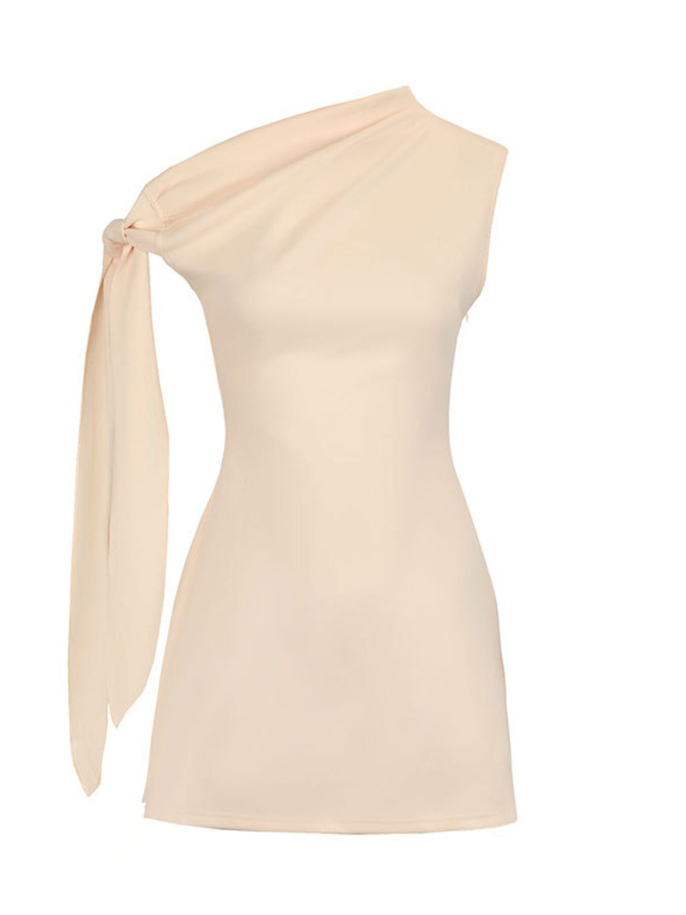 Apricot one-shoulder mini dress with asymmetrical bowknot detail