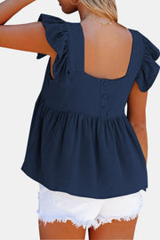 Dark blue linen babydoll top with flutter sleeves and square neckline, button back detail.