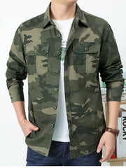 Men's Plus Size Camouflage Print Long Sleeve Shirt in Army Green, front view