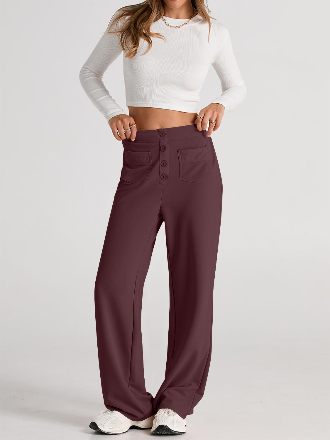 Button-front wide leg trousers in Deep Purple with patch pockets and a high waist.