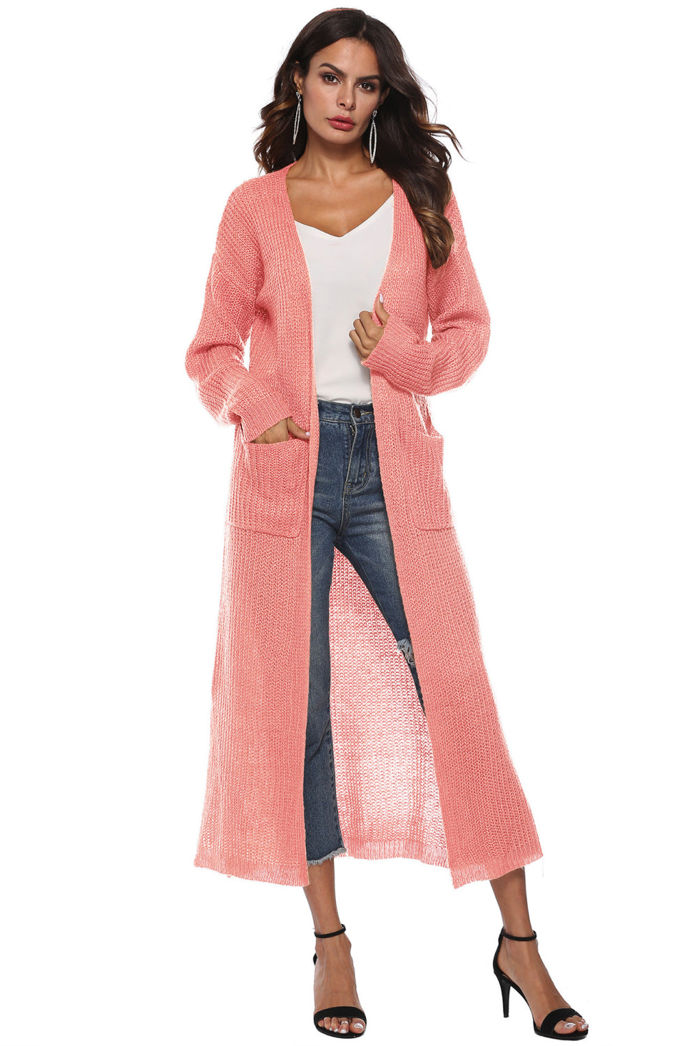 Coral longline knit cardigan with pockets and side slits, acrylic material