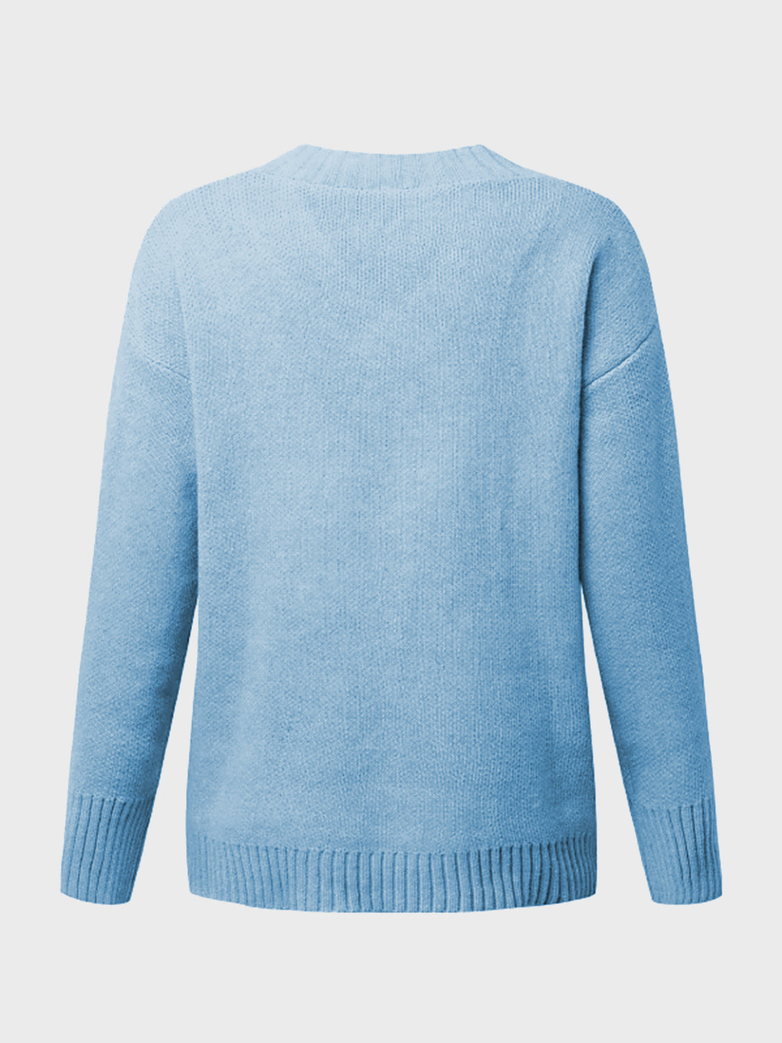 Cloudy Blue knit sweater with ribbed trim and V-neck.