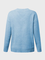 Cloudy Blue knit sweater with ribbed trim and V-neck.