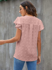 Textured voile blouse in dusty pink with flutter sleeves and dot pattern.
