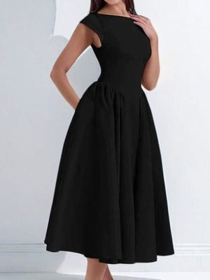 Black cap sleeve a-line midi dress with boat neck and full skirt.