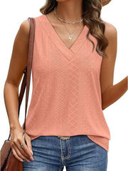 Eyelet V-neck sleeveless tank top in dusty pink with a diamond pattern.
