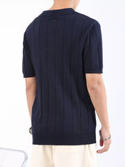 Men's navy ribbed knit polo shirt with short sleeves and classic collar.