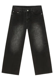 Faded dark wide-leg denim jeans with a casual, chic look.