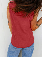 Washed cotton v-neck tank top in red, casual sleeveless style with a relaxed fit.