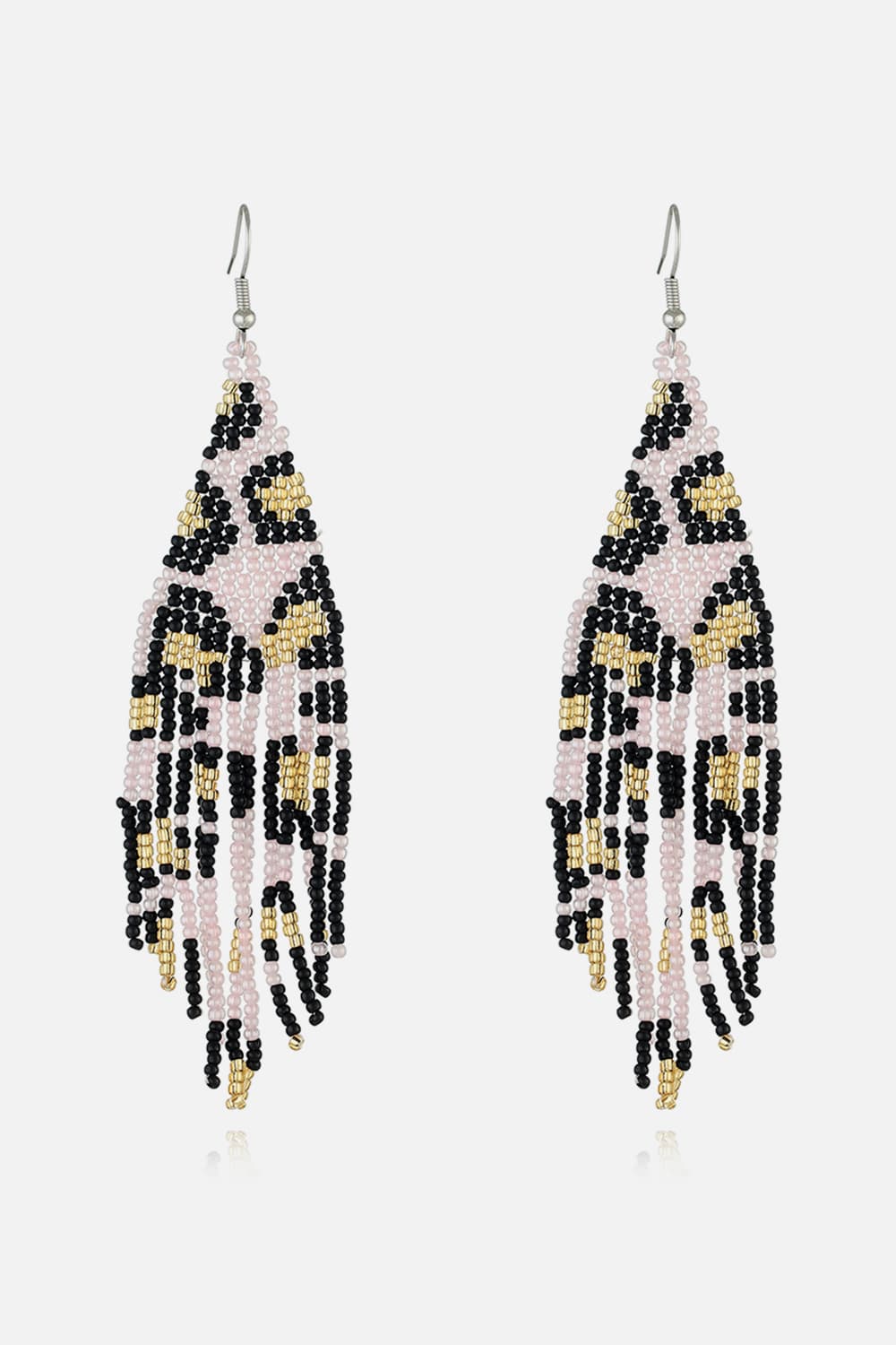 Blush pink beaded fringe earrings with leopard print detail