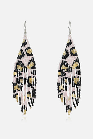 Blush pink beaded fringe earrings with leopard print detail