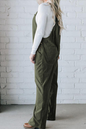 Army green corduroy wide-leg overalls with button details and pockets.
