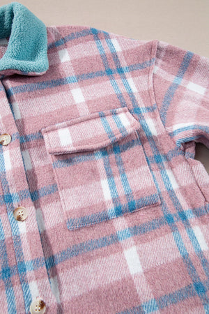 Pastel plaid shacket in dusty pink with a contrast blue sherpa collar and button front.