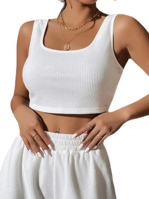 White ribbed knit crop top and high-waist shorts set with scoop neck