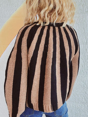 Bold stripe knit cardigan in tan and black, featuring a crew neck and button-up front.