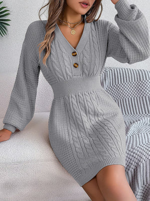 Charcoal cable knit button-front hourglass dress with V-neck and long sleeves.