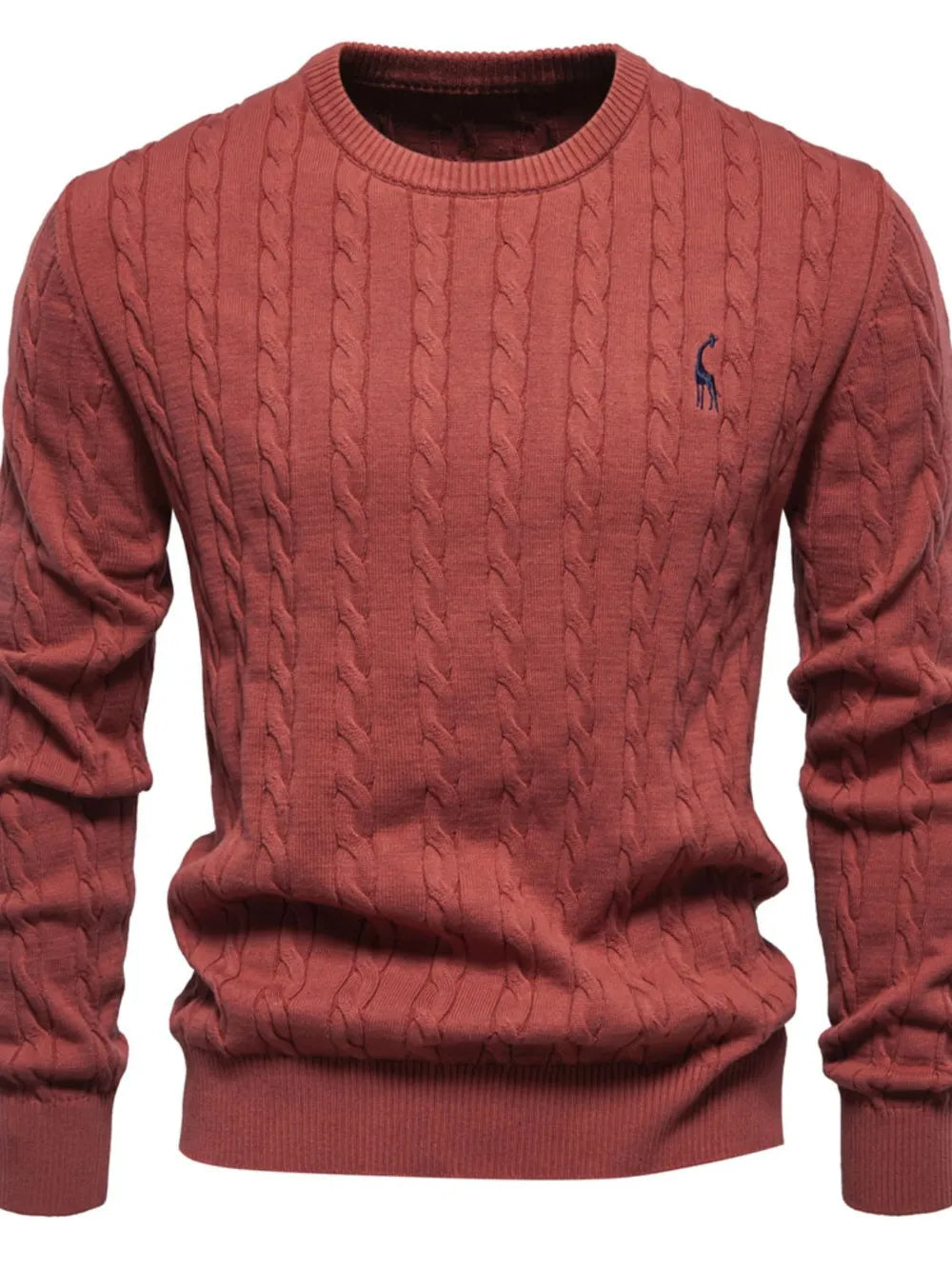 Rust cable knit crewneck sweater with embroidered giraffe detail
