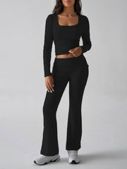 Black loungewear set with square neck crop top and ruched waist flare pants