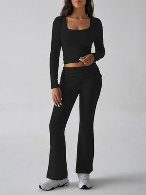 Black loungewear set with square neck crop top and ruched waist flare pants