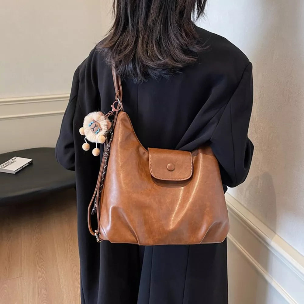 Pu Leather Medium Shoulder Bag in Brown, side view