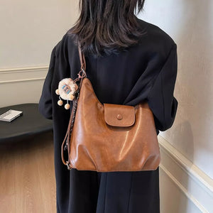 Pu Leather Medium Shoulder Bag in Brown, side view