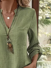 Casual V-neck Roll-sleeve T-shirt With Pocket in Khaki, view 12