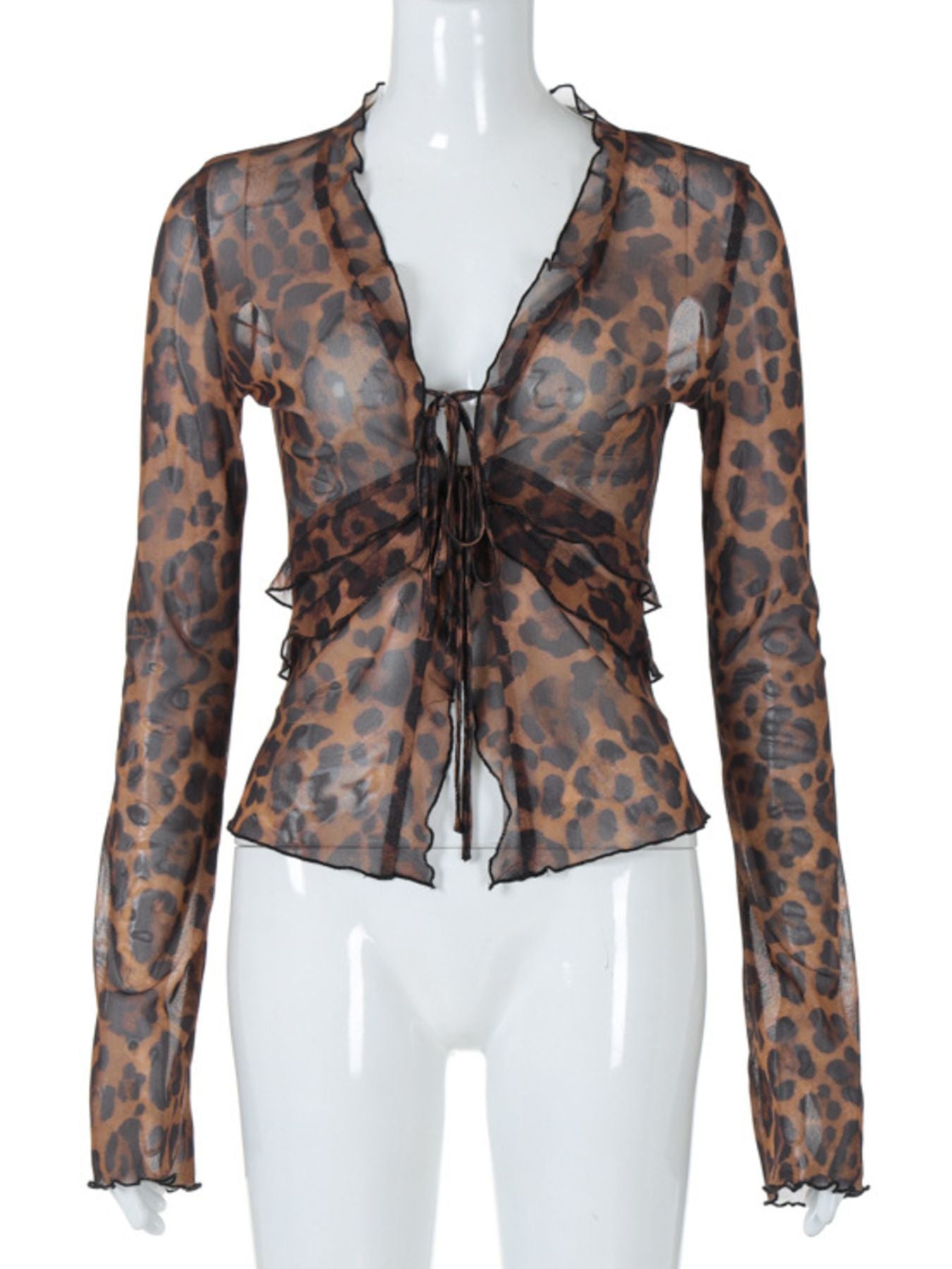 Chic tied animal print sheer blouse with ruffled neckline and cuffs.