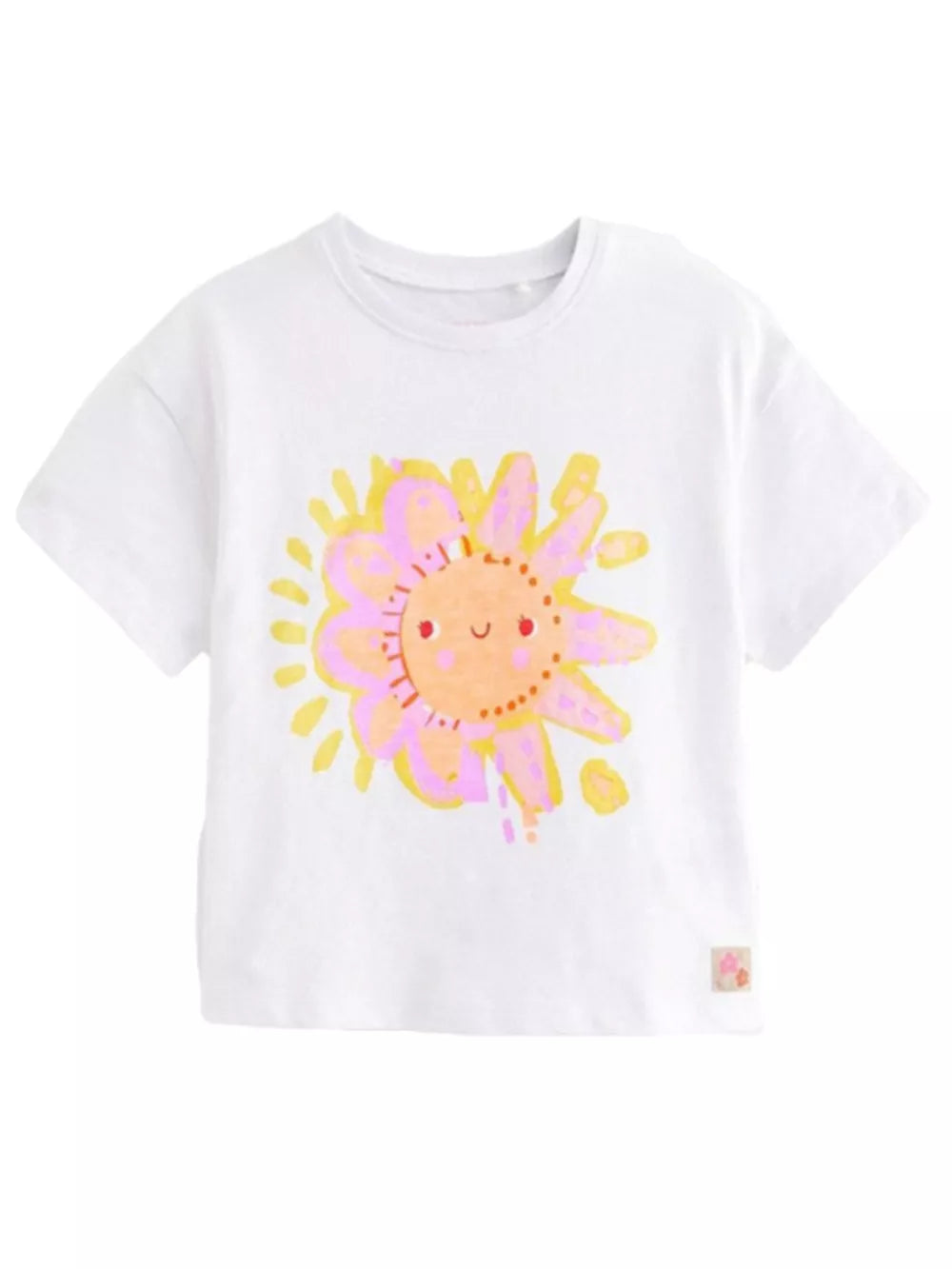 White cotton t-shirt with playful cartoon sun graphic, short sleeves, and crew neck.