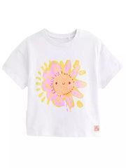 White cotton t-shirt with playful cartoon sun graphic, short sleeves, and crew neck.
