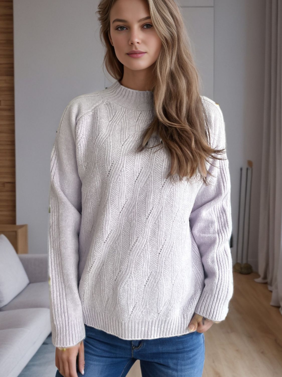 Lilac textured knit raglan sleeve pullover sweater with mock neck and cable detail