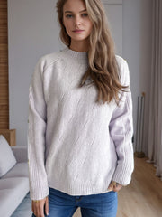 Lilac textured knit raglan sleeve pullover sweater with mock neck and cable detail