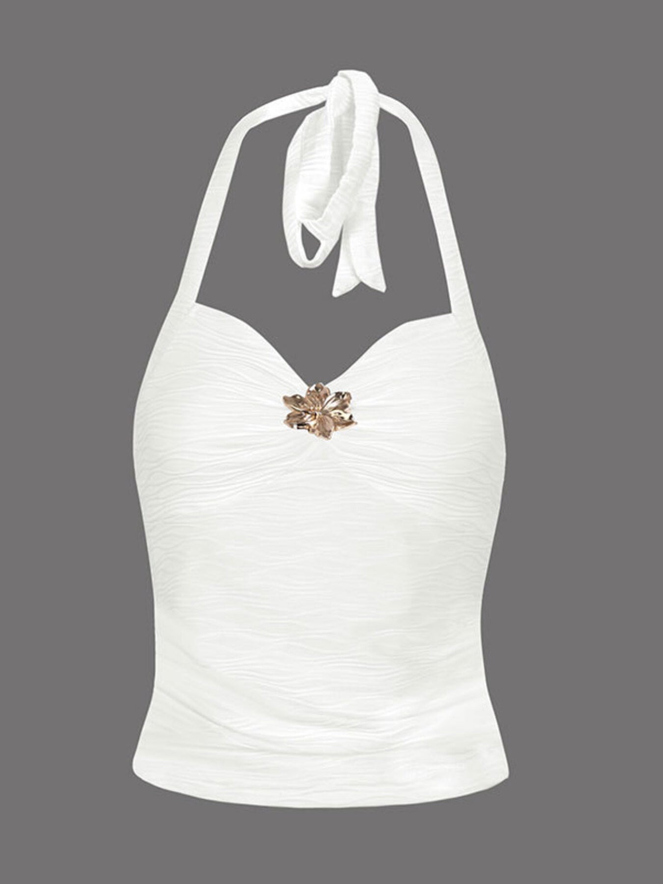White ruched halter neck cami with floral embellishment and tie back.