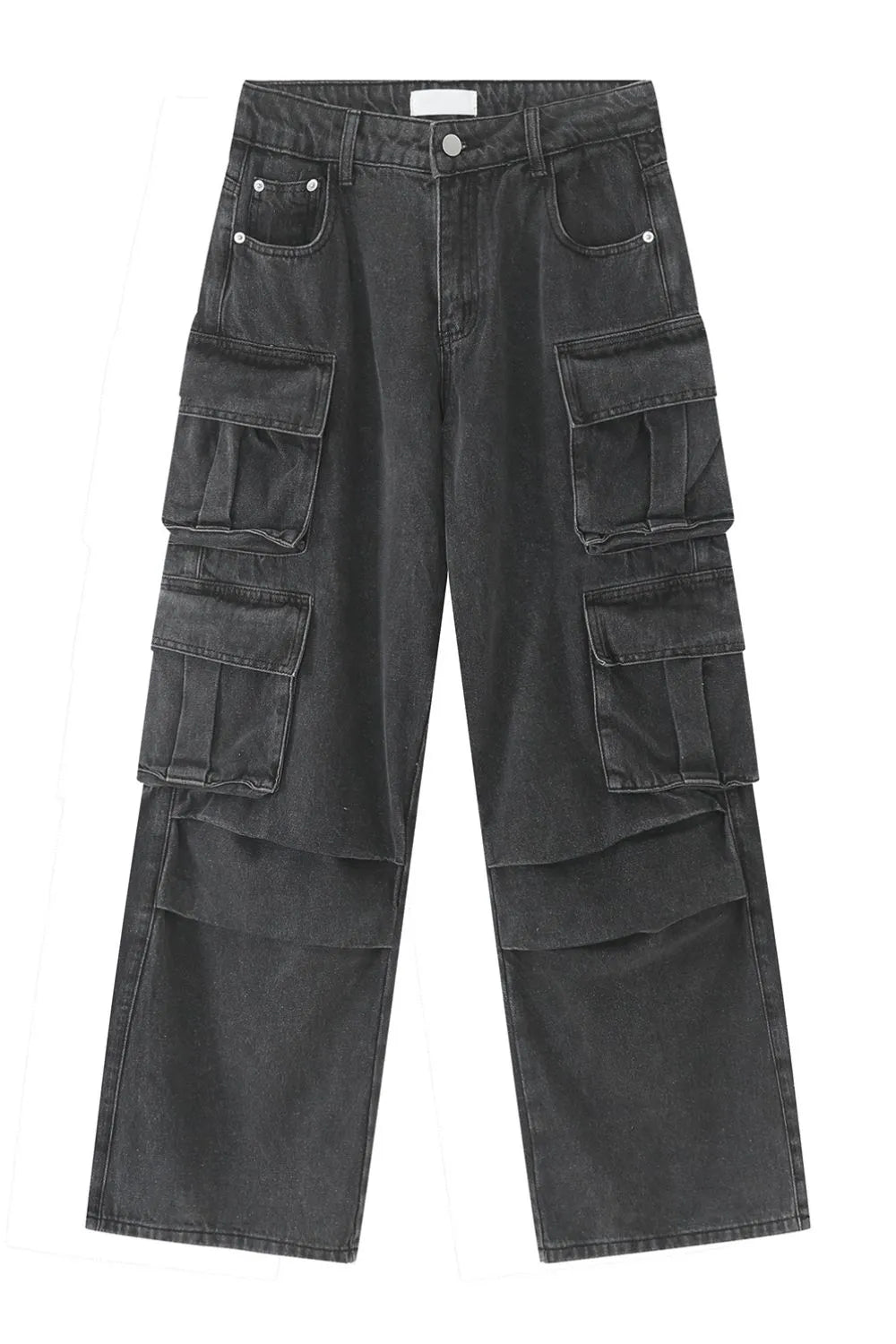 Baggy dark wash denim cargo pants with multiple pleated pockets and wide legs.