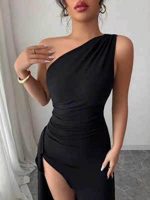 One-shoulder Ruched High-slit Maxi Dress, side view