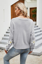 Daisy Sleeve Knit Cardigan in Cloudy Blue with floral detail on sleeves
