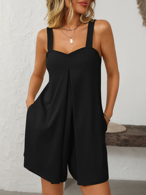 Black pleated bodice romper with wide straps and pockets