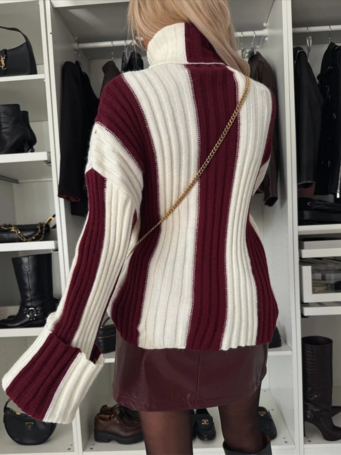 Bold Stripe Ribbed Turtleneck sweater in burgundy and white acrylic knit with a high neck.