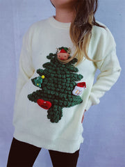 White acrylic knit sweater with a 3D Christmas tree applique, elf, Santa, and heart detail.