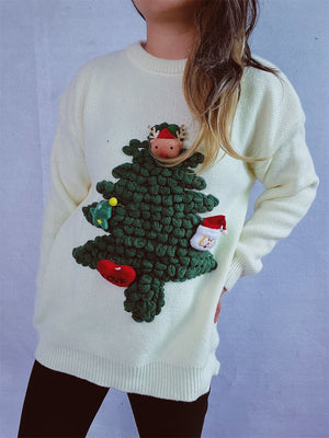 White acrylic knit sweater with a 3D Christmas tree applique, elf, Santa, and heart detail.