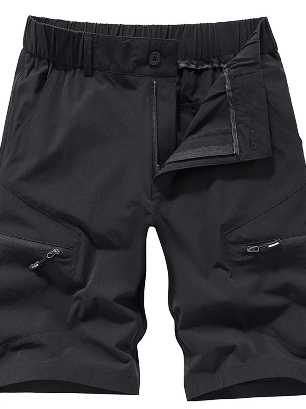 Black men's cargo shorts with elastic waistband, drawstring, zip fly, and zippered cargo pockets.