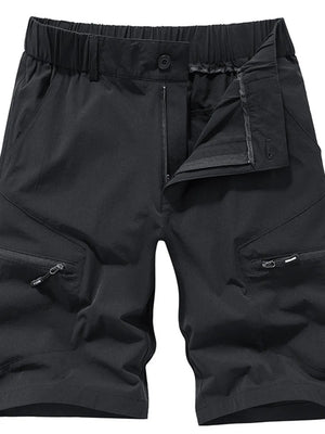 Black men's cargo shorts with elastic waistband, drawstring, zip fly, and zippered cargo pockets.