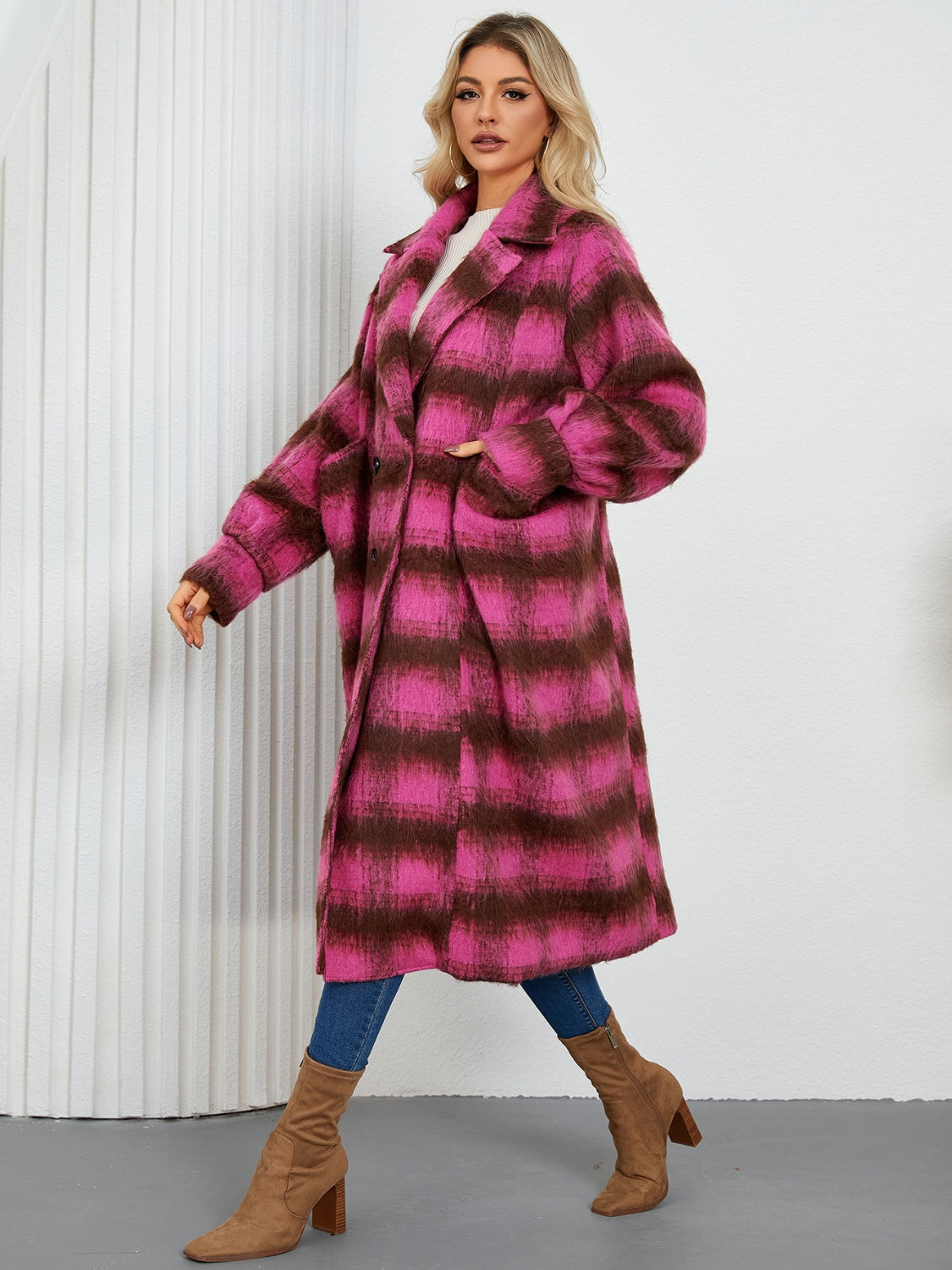 Checked plaid oversized cocoon coat in hot pink and brown, featuring a relaxed fit and side pockets.