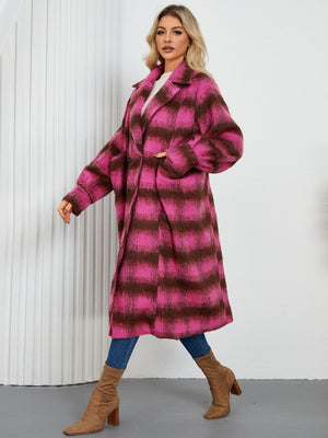 Checked plaid oversized cocoon coat in hot pink and brown, featuring a relaxed fit and side pockets.