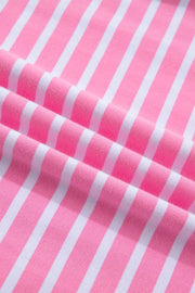 Pink and white striped cotton t-shirt with a round neck.