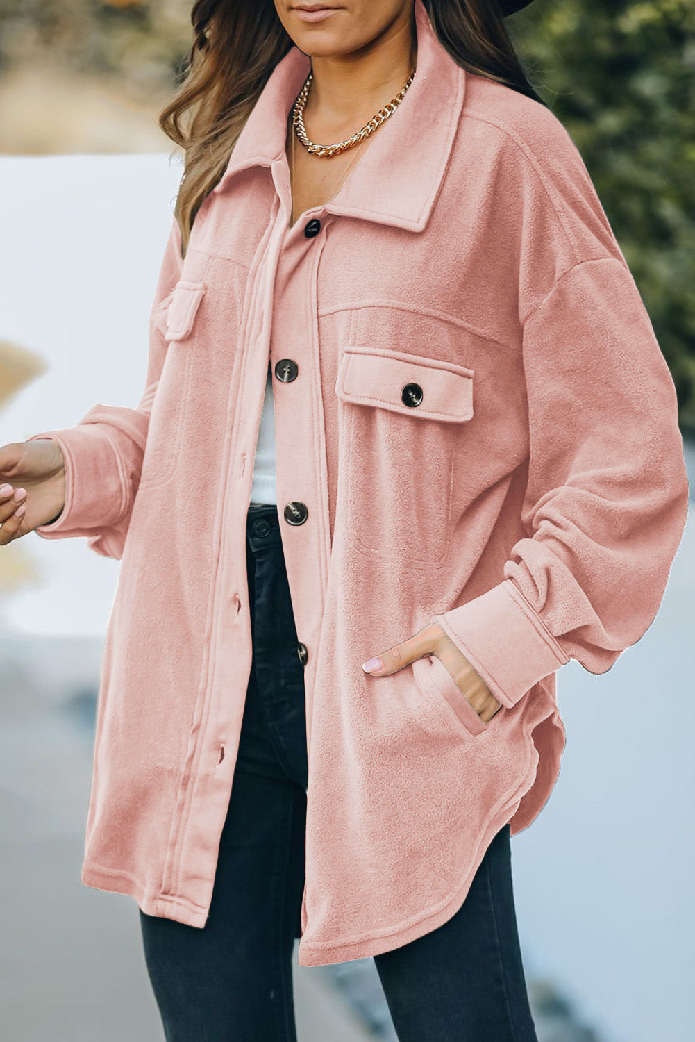 Fleece shirt jacket in Blush Pink with patch pockets and button front.